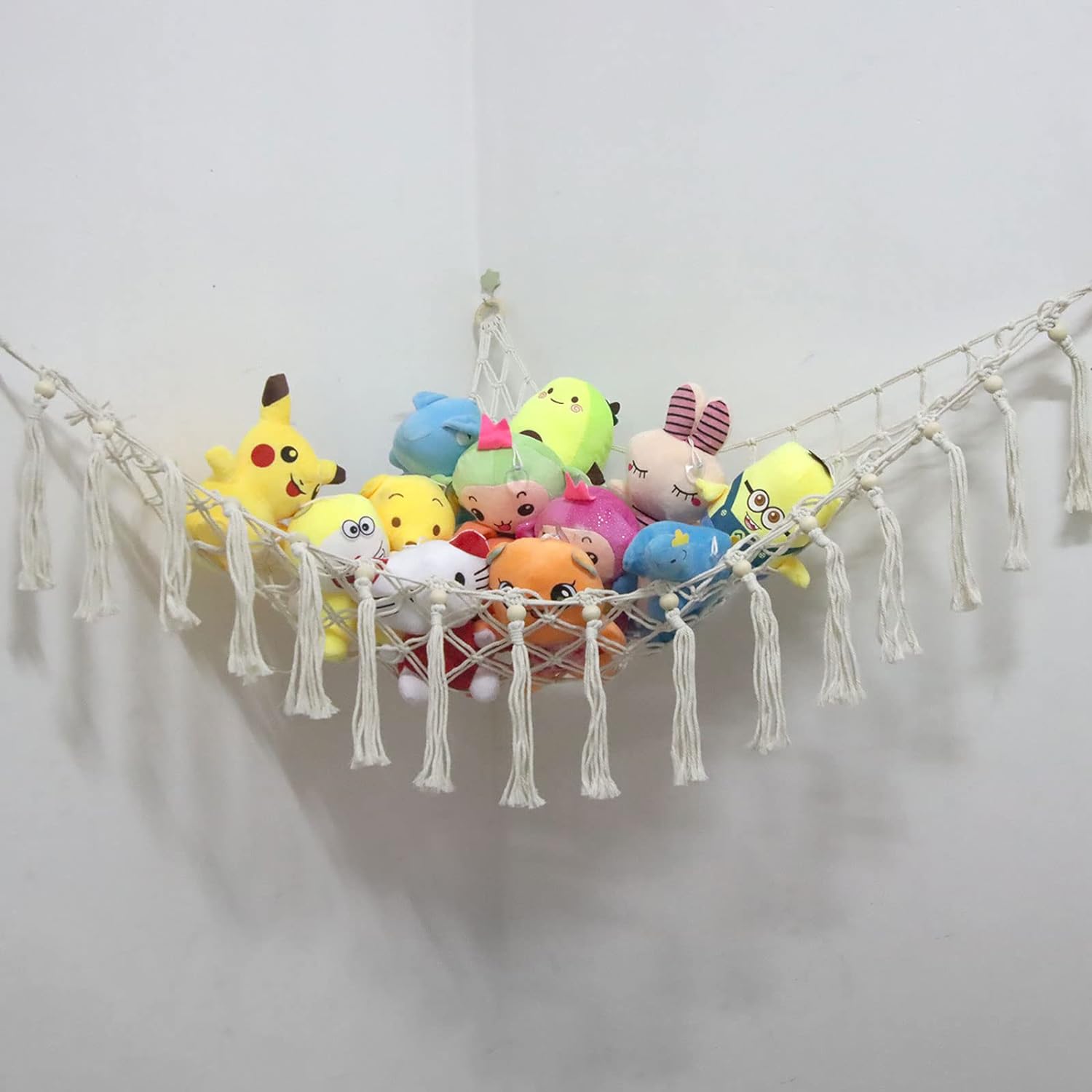230816040433179_1 Stuffed Animal Net or Hammock with LED Light and Hooks - Stuffed Animal Storage Toy Hammock for Wall - Macrame Corner Plushie Net Jumbo, Boho Hanging Plush Organizer for Kids Bedroom Decor (41*41*57) - Image 1